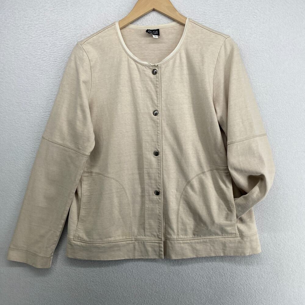 EILEEN FISHER Jacket S 100% Cotton Blazer Knit Button Up Pocket Collarless Beige